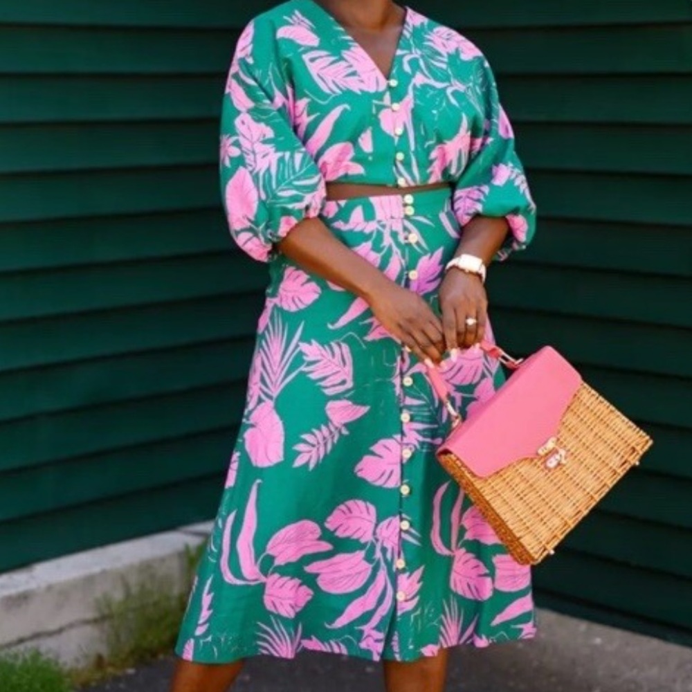 Green and Pink Tropical Button-Front Crop Top